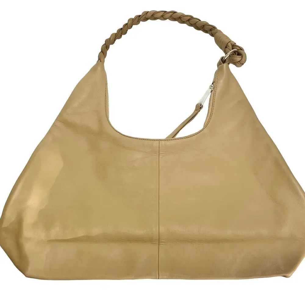 Coldwater Creek Wandering Thyme Leather Hobo Bag Tan Embroidery Braided Strap